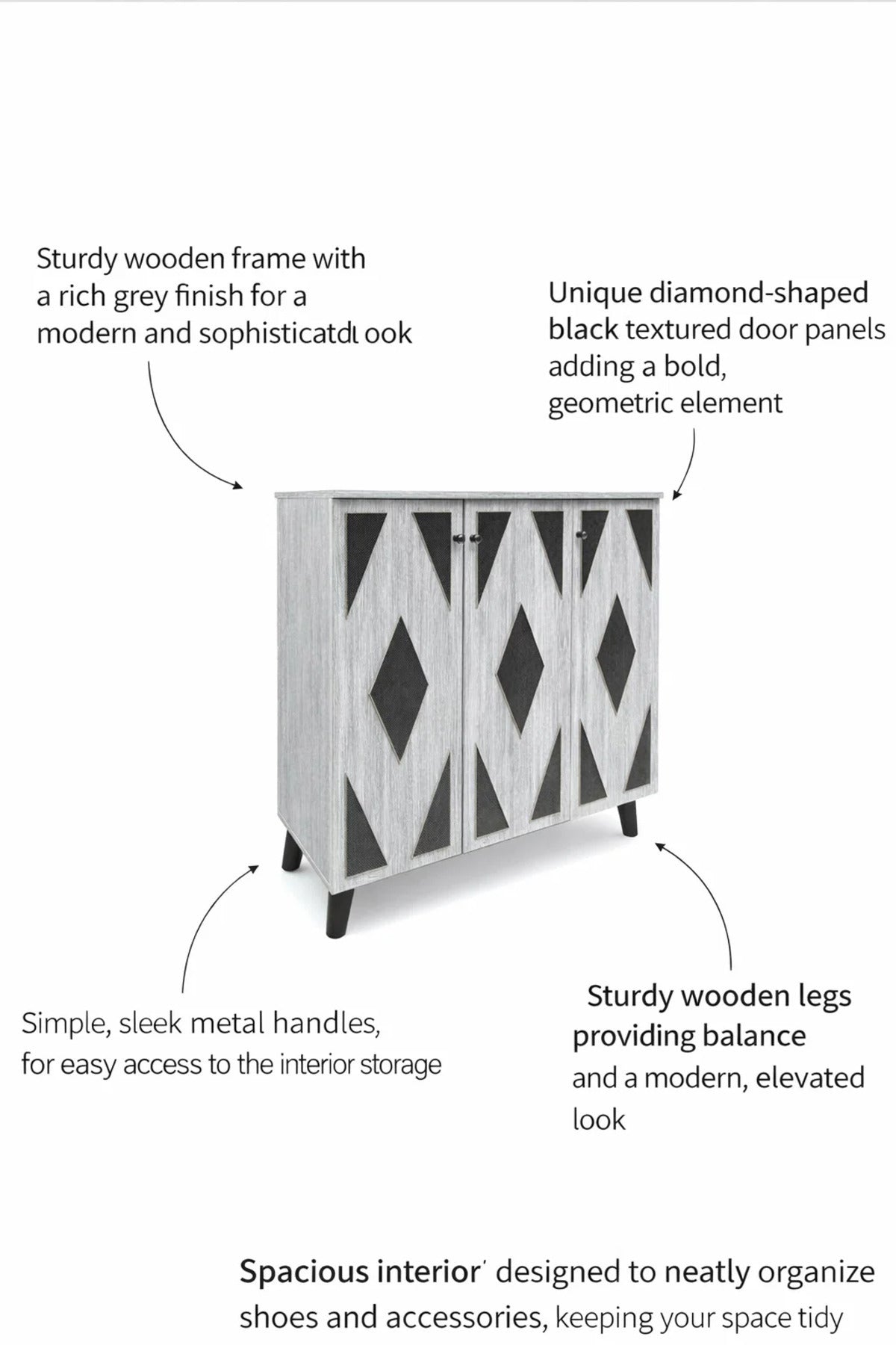 Modern 3-Door Shoe Cabinet with Geometric Pattern Grey Wood Finish for Stylish Home Entryway Decor