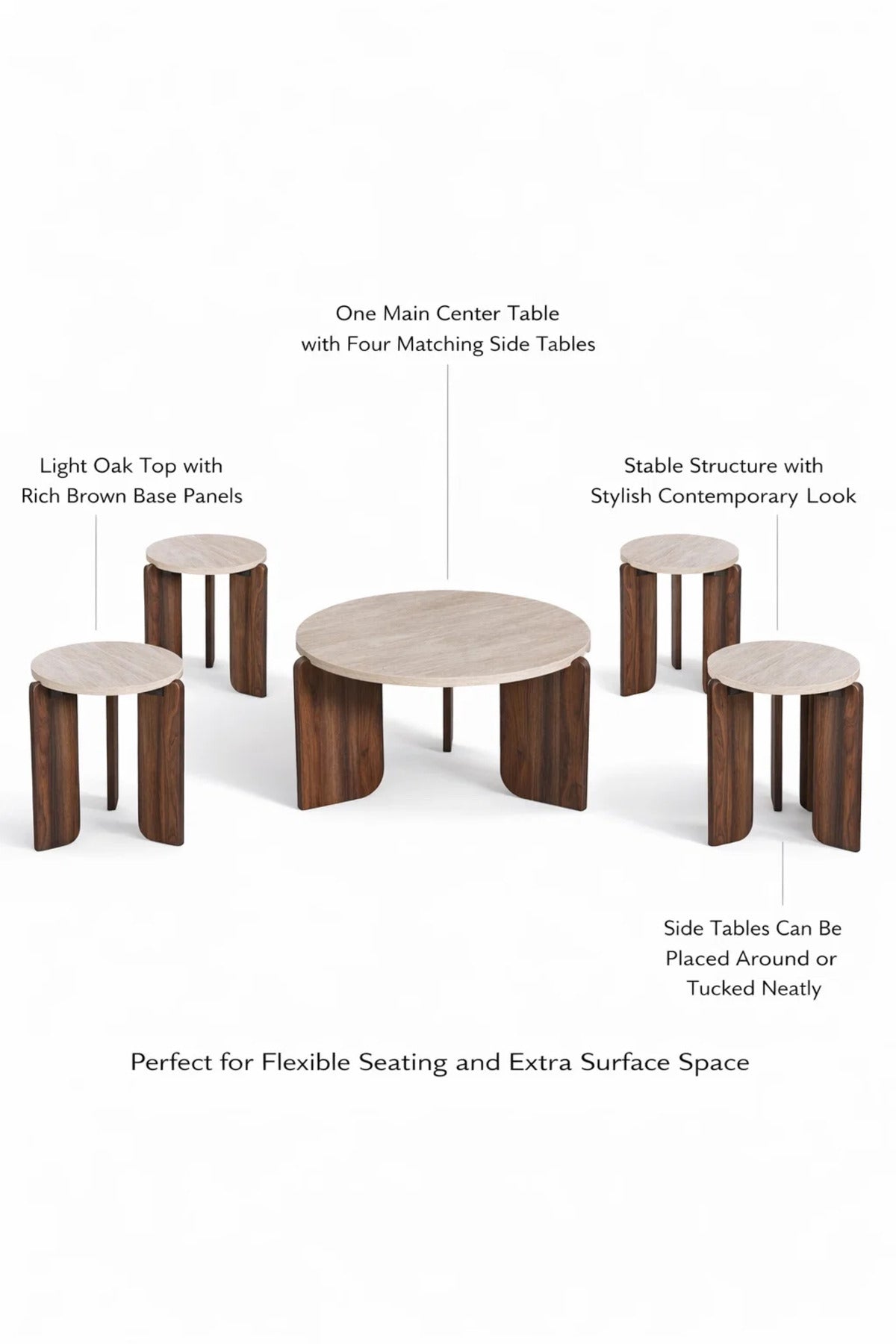 Stylish 1+4 Coffee Table Set Modern Wooden Round Center Table and Nesting Stands Living Room