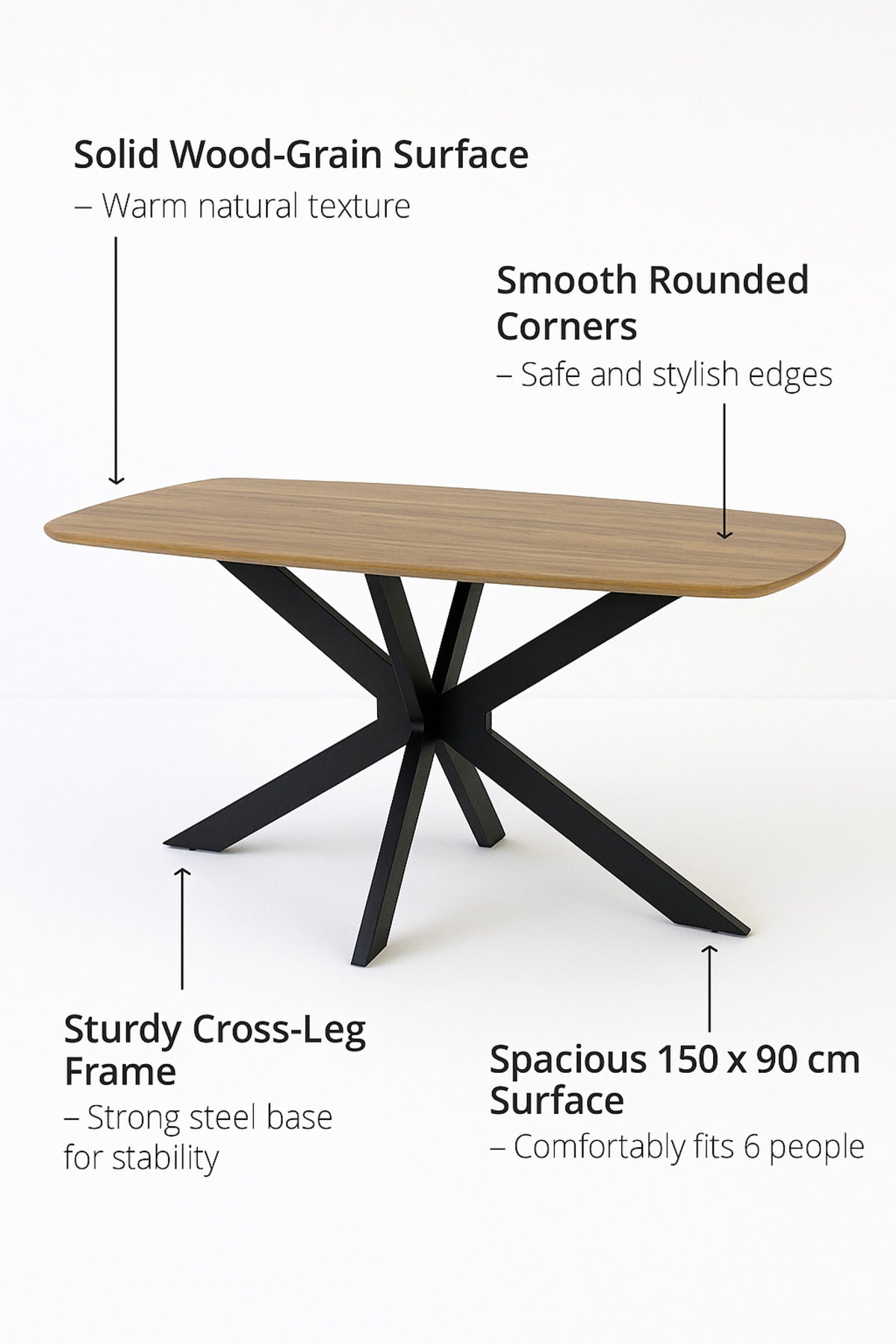 Modern Dining Table Ð 150_90_75 cm | Wooden Top Table with Black Metal Cross Legs