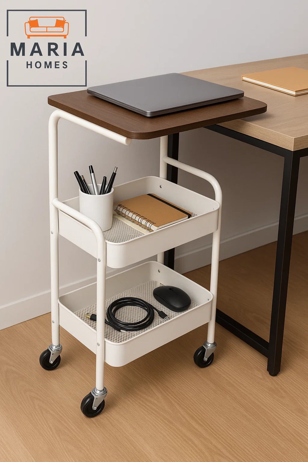 2-Tier Rolling Bedside Table with Wooden Top Ð Mobile Nightstand Cart with Storage for Bedroom Use