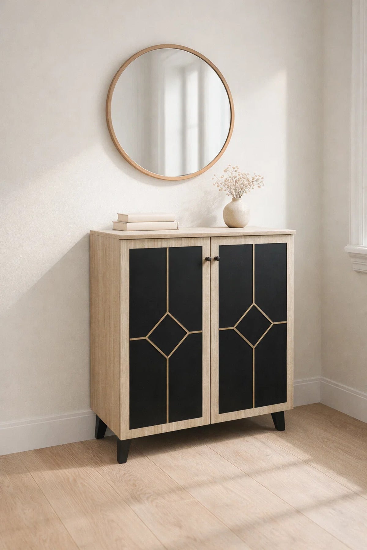 Elegant Two Door Shoe Cabinet Geometric Design Beige and Black Hallway Storage Organizer Unit Stand