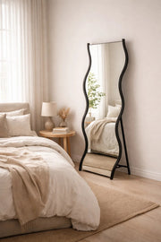 Modern Wavy Full Length Floor Mirror with Black Metal Frame & Stand
