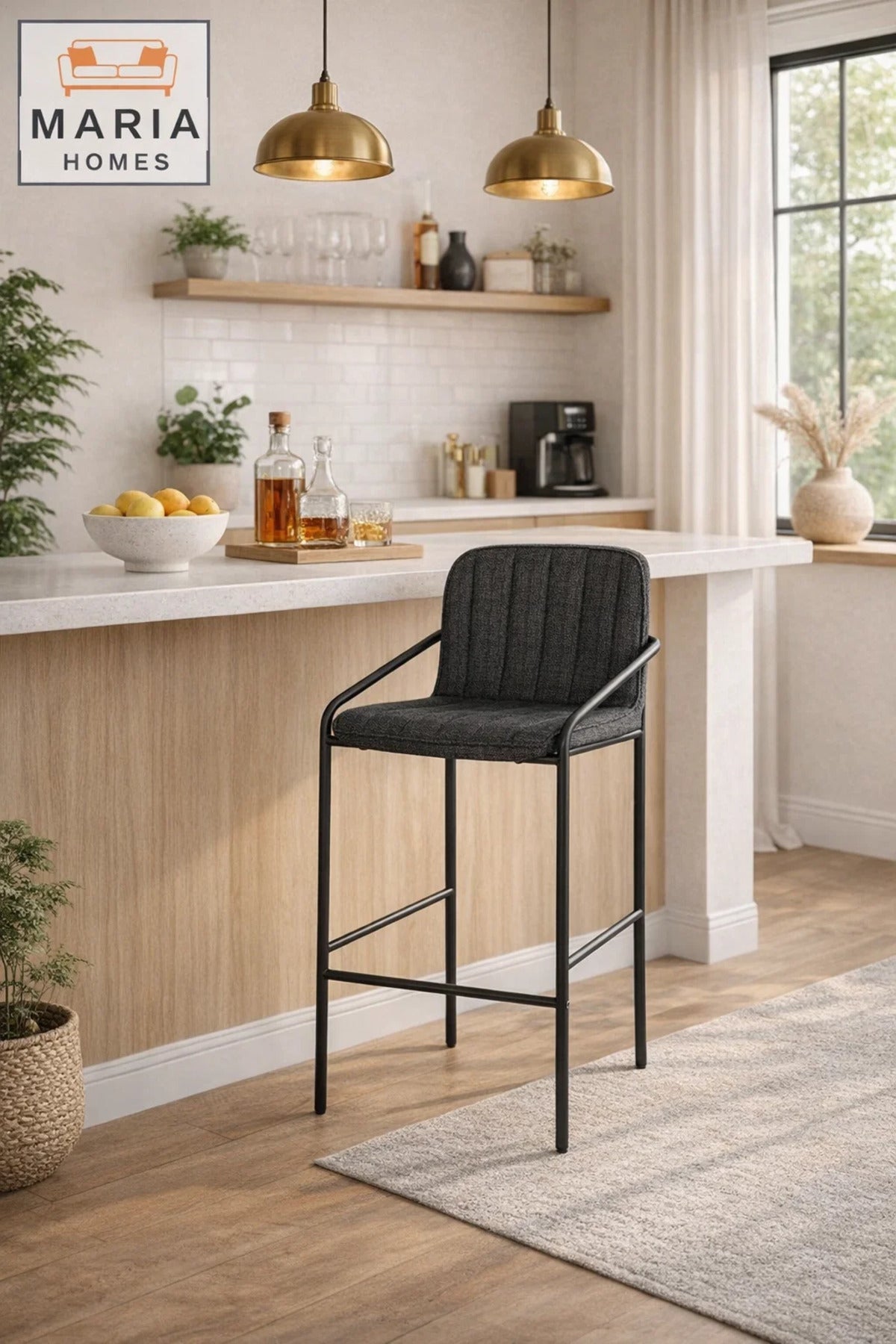 Deep Grey Upholstered Bar Stool with Black Metal Frame Ð Modern Counter Chair with Armrests