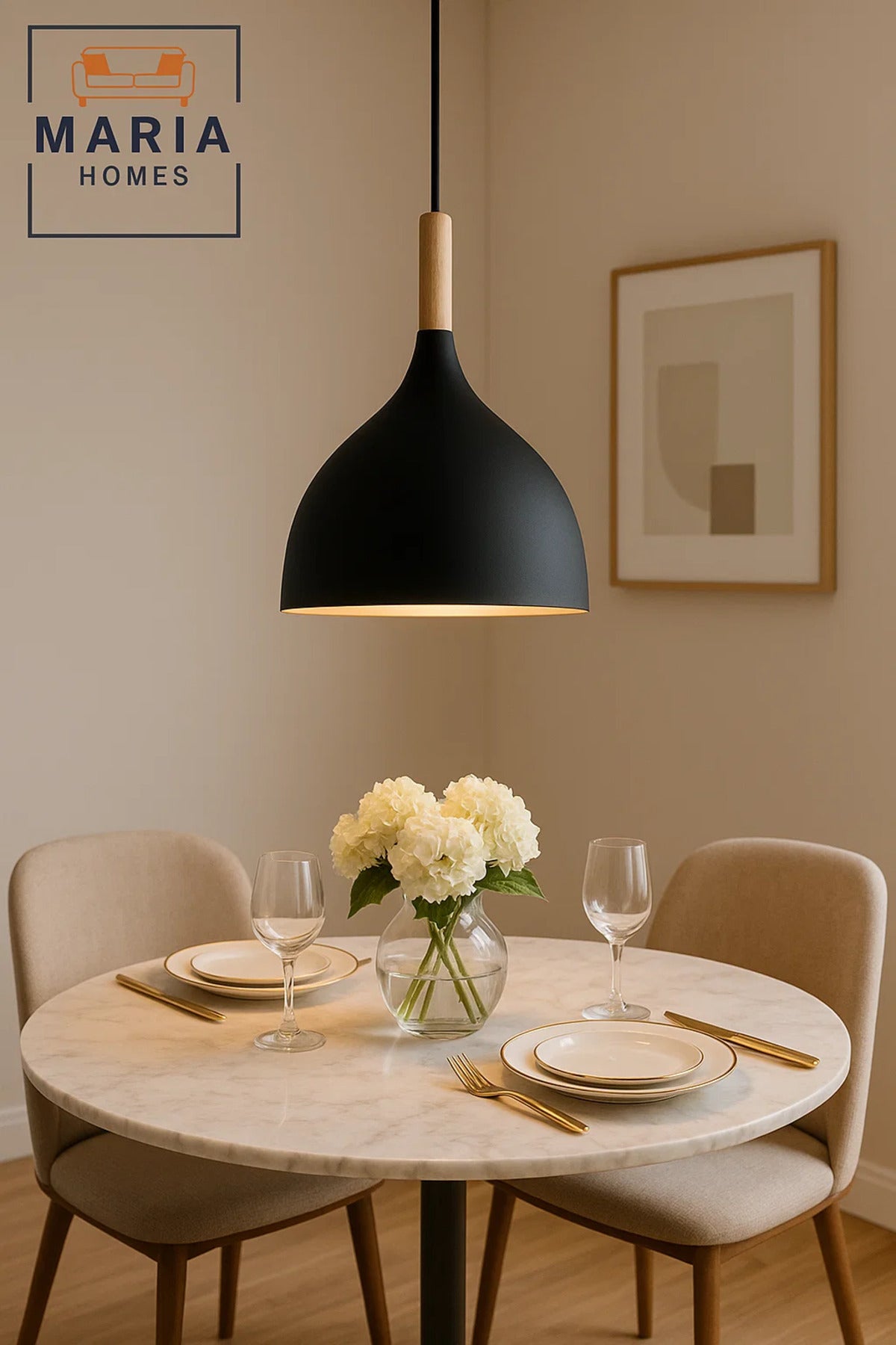 Black Matte Pendant Light with Wooden Top