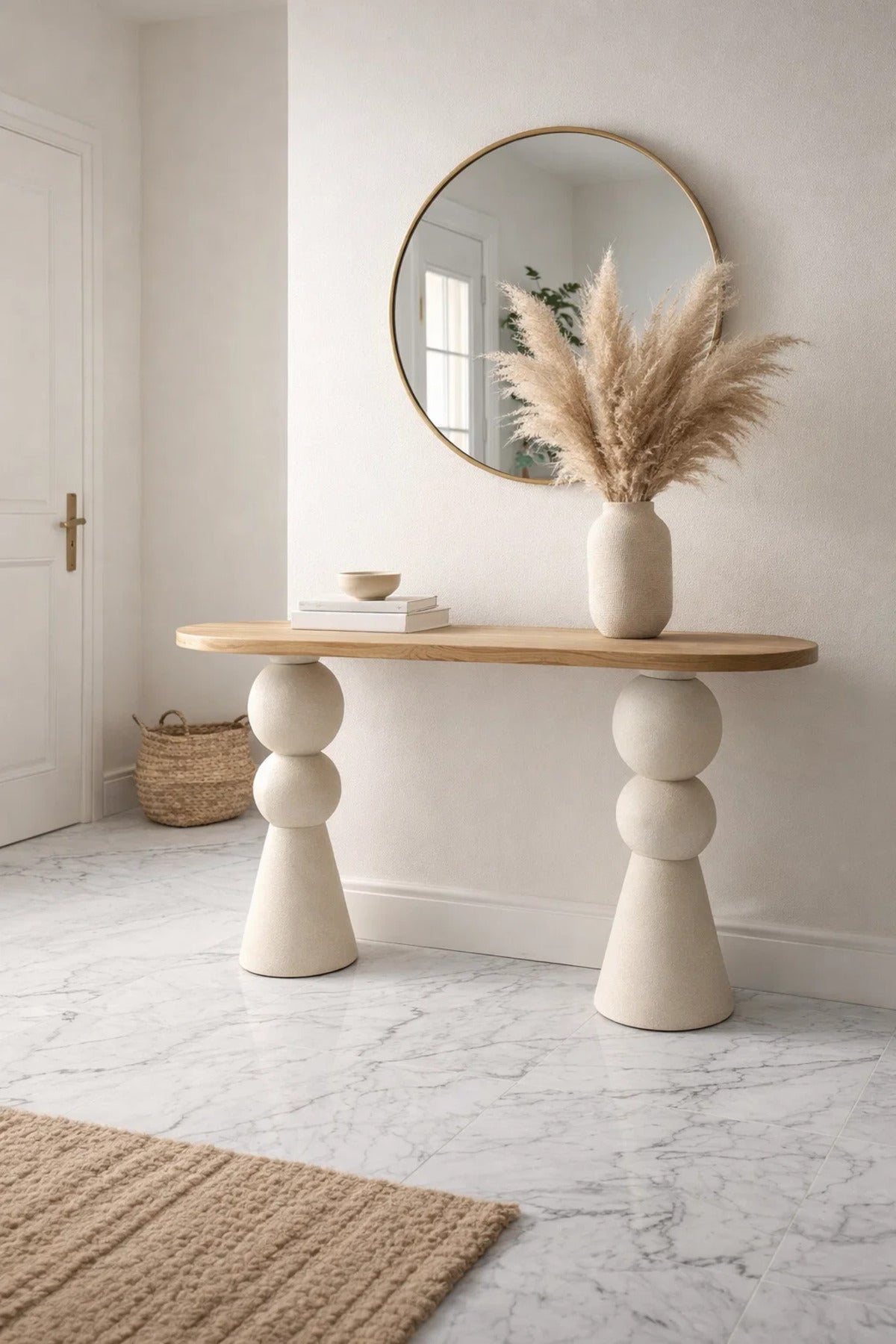 Sculptural Beige and Wood Console Table Modern Entryway Furniture for Hallway Living Room Decor