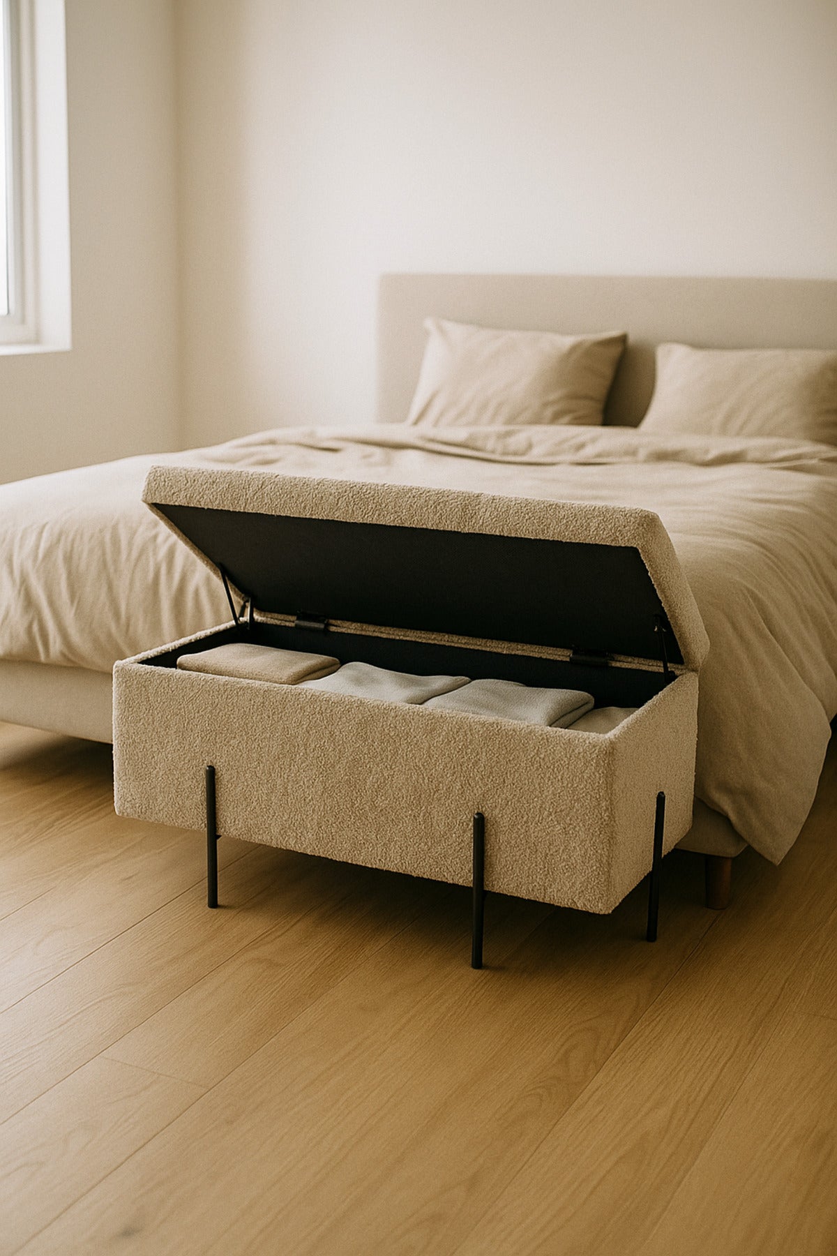 Brown Storage Bench with Tufted Fabric Seat & Black Metal Legs Ð 90_38_40 cm