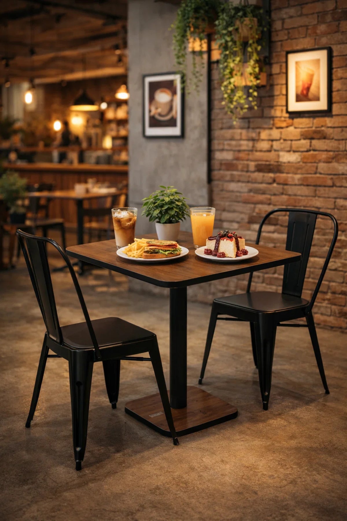 Modern Square Dining Table Brown Melamine Wood Top Sturdy Black Metal Pedestal Base 70x70cm Size