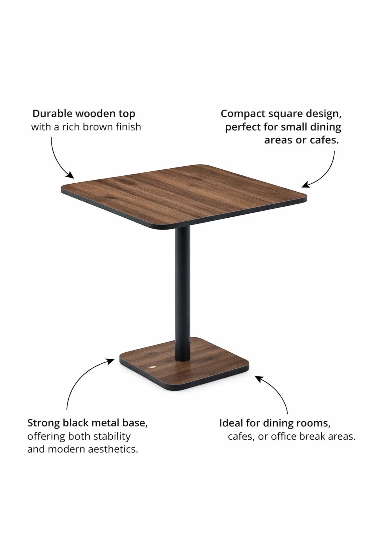 Modern Square Dining Table Brown Melamine Wood Top Sturdy Black Metal Pedestal Base 70x70cm Size