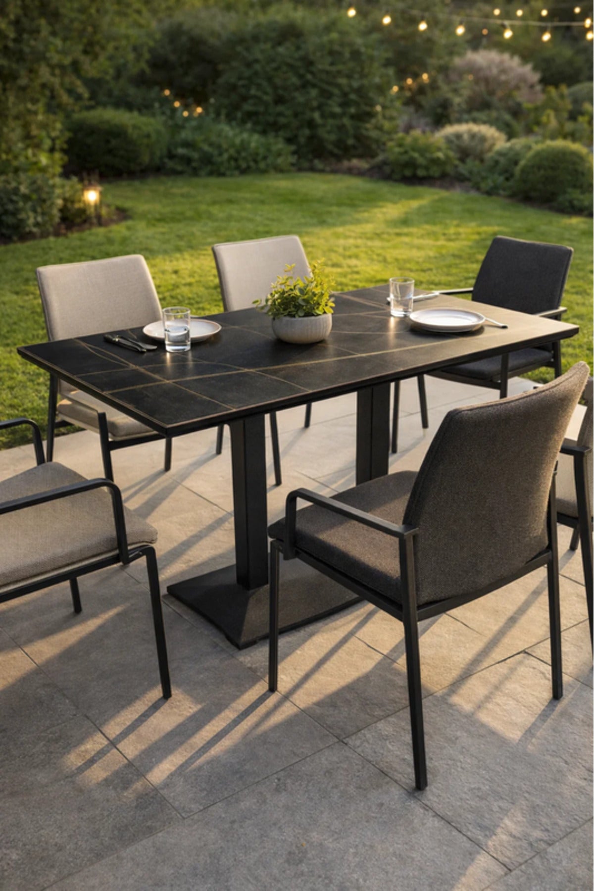Modern Rectangular Dining Table with Black Marble-Effect Top & Black Metal Base