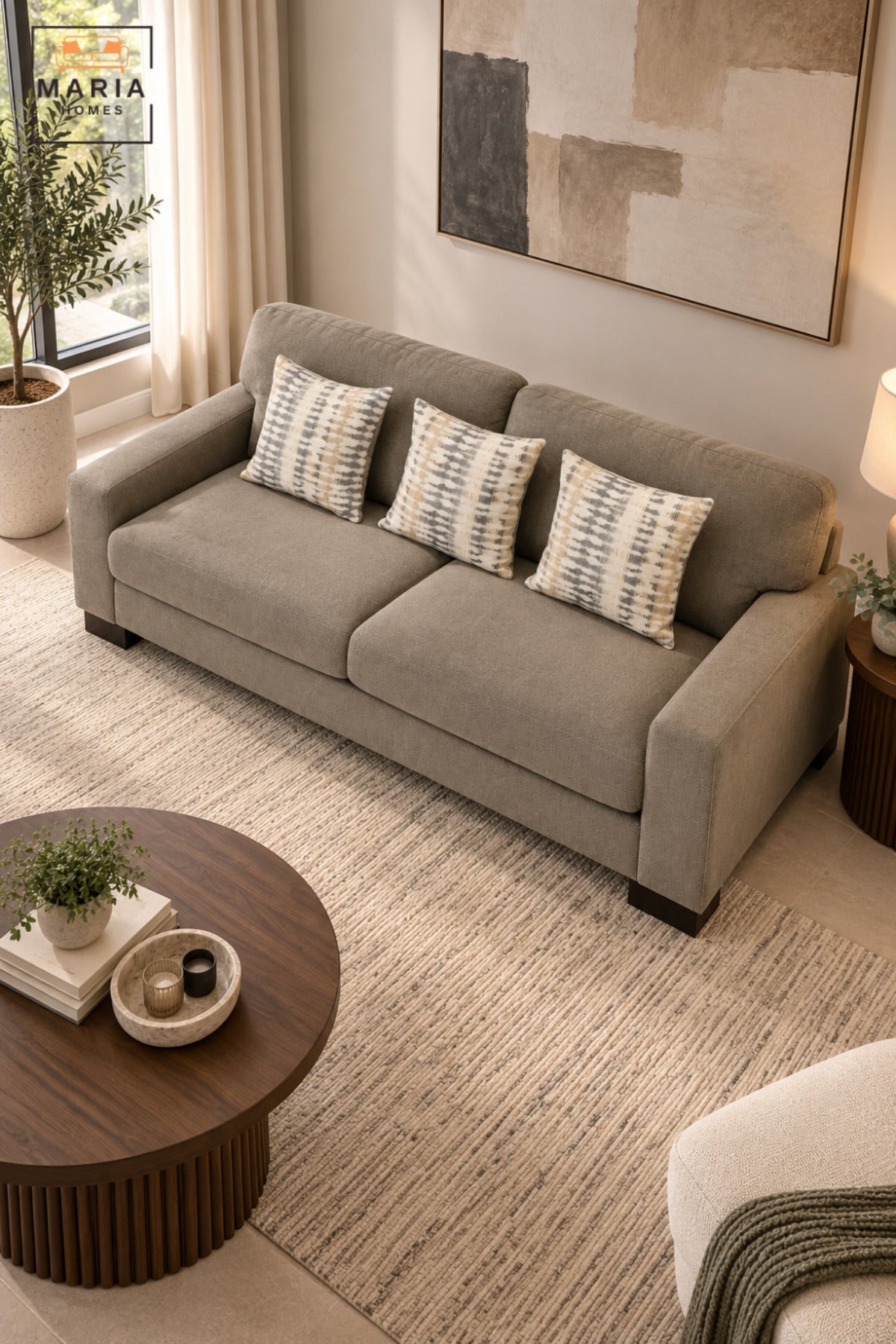 Modern 3 Seater Upholstered Sofa with Deep Cushioned Seats, Supportive Backrest, Wide Armrests & Decorative Pillows for Living Room and Lounge