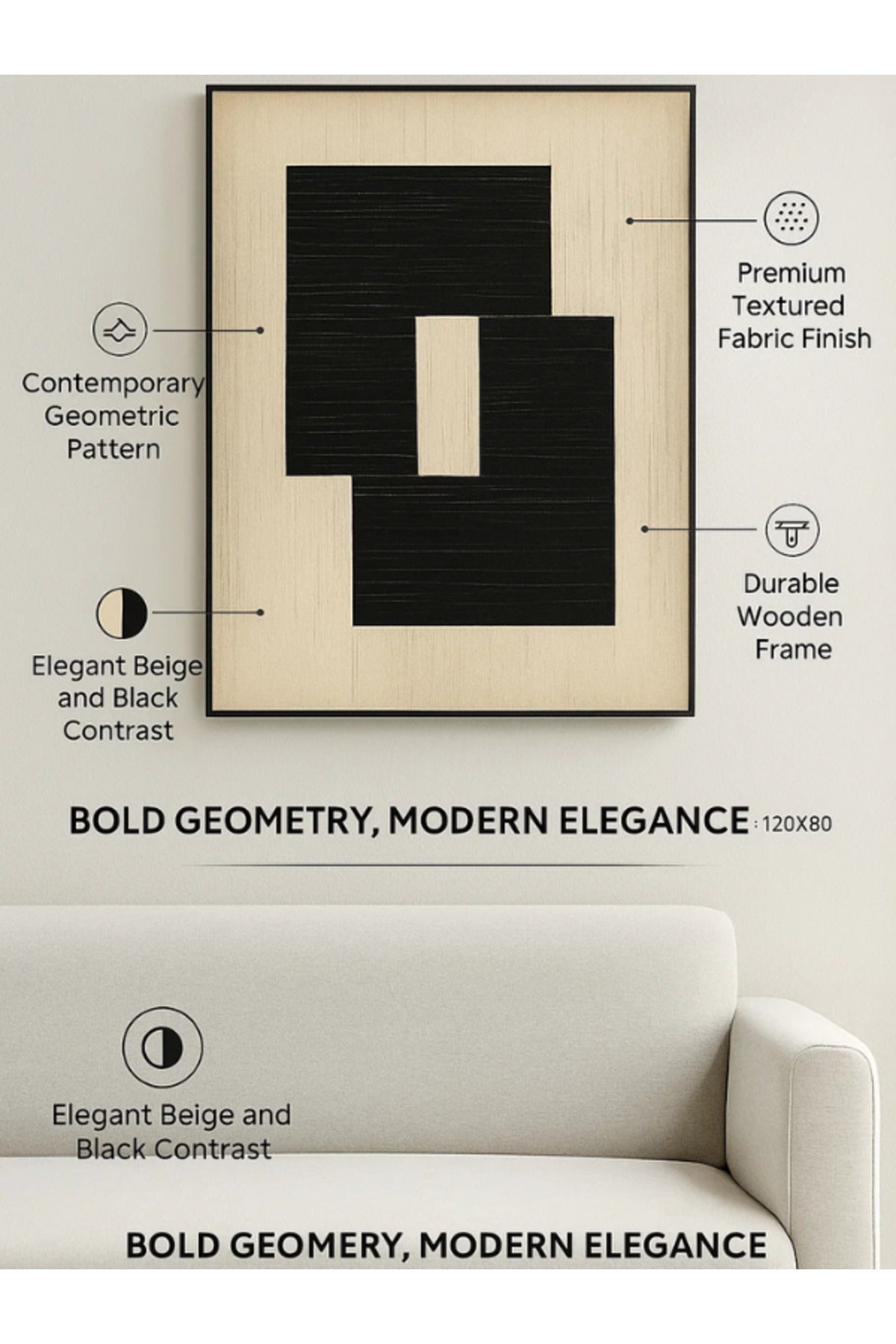 Modern Abstract Wall Art Ð 120_80 cm Beige and Black Geometric Framed Canvas DŽcor