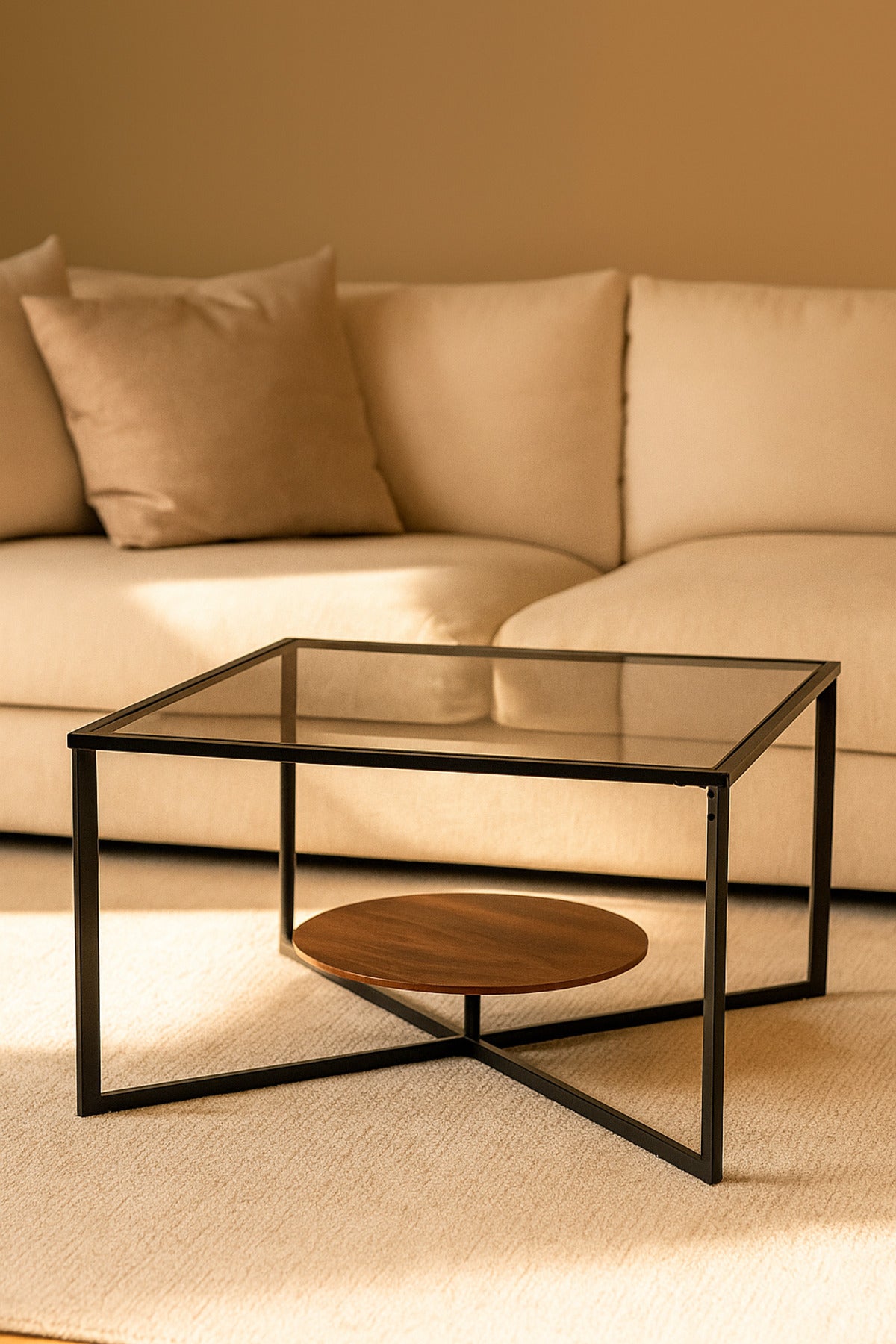 Modern Coffee Table with Black Metal Frame and Brown Wood Shelf Glass Top Table 75_75_46cm