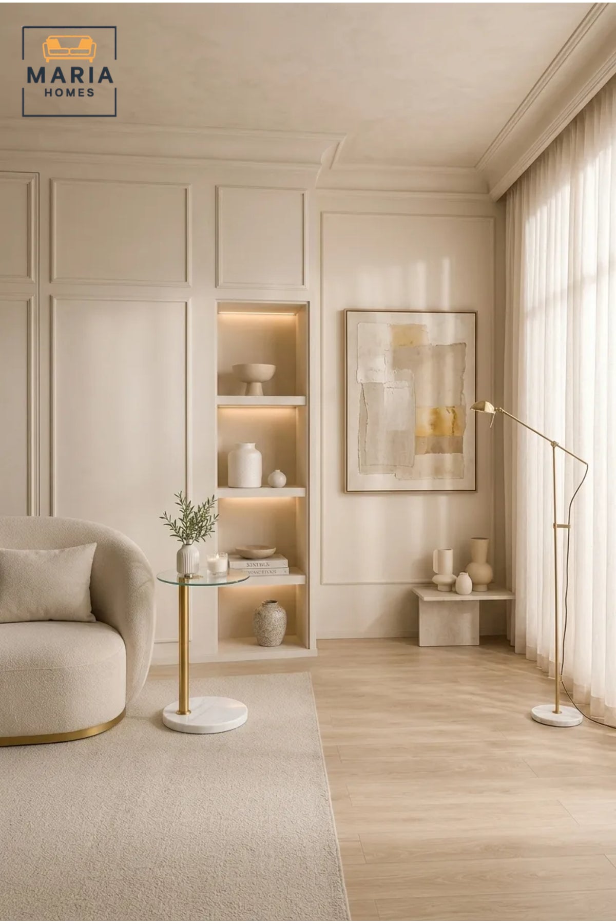 Modern Glass Side Table with White Marble Base √ê Round Tempered Glass Accent Table with Gold Metal Frame for Living Room, Bedroom & Luxury Interiors
