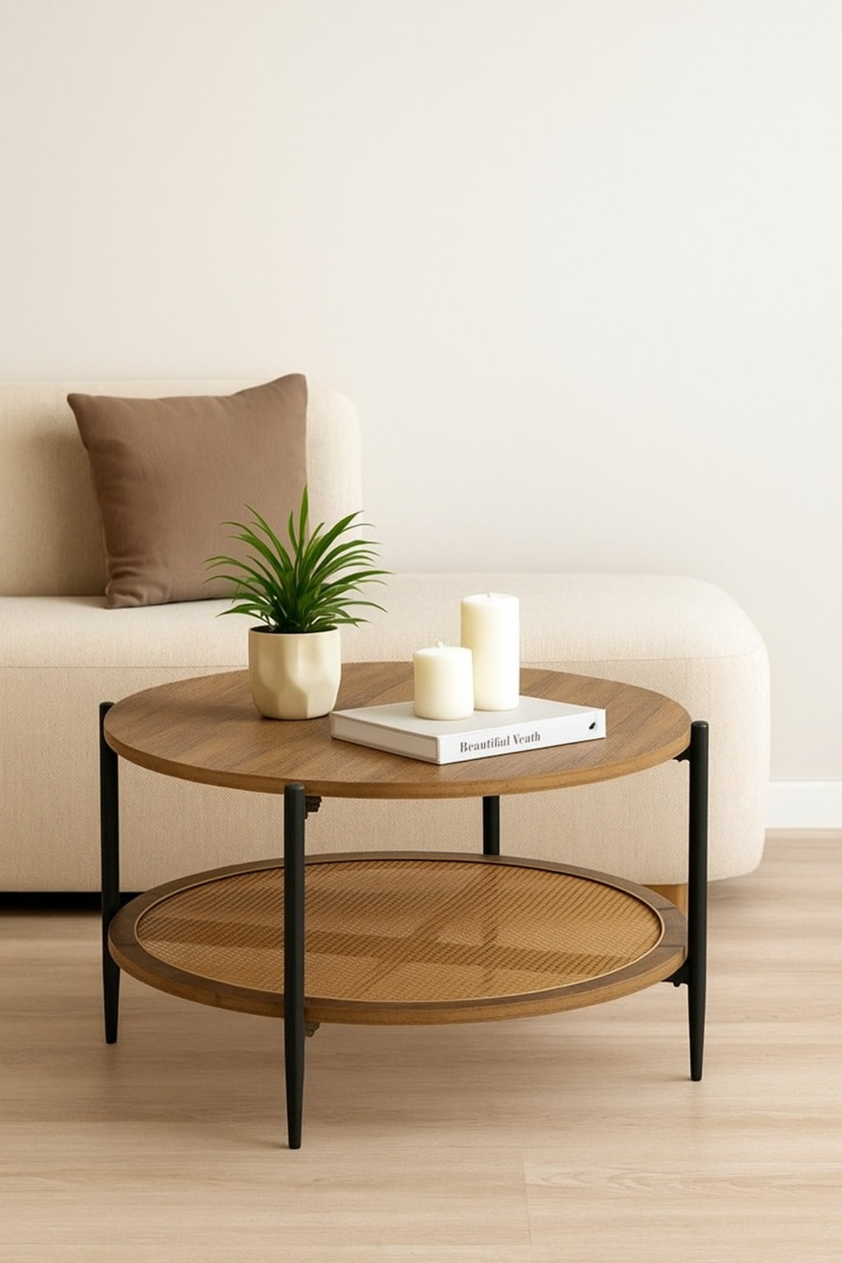 Round Brown Coffee Table with Rattan Shelf Ð Modern Wooden Center Table for Living Room 80_45 cm