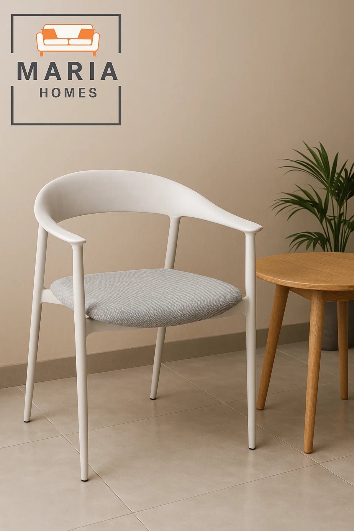 White Modern Armchair with Light Grey Fabric Seat Ð Minimalist Dining or Office Chair