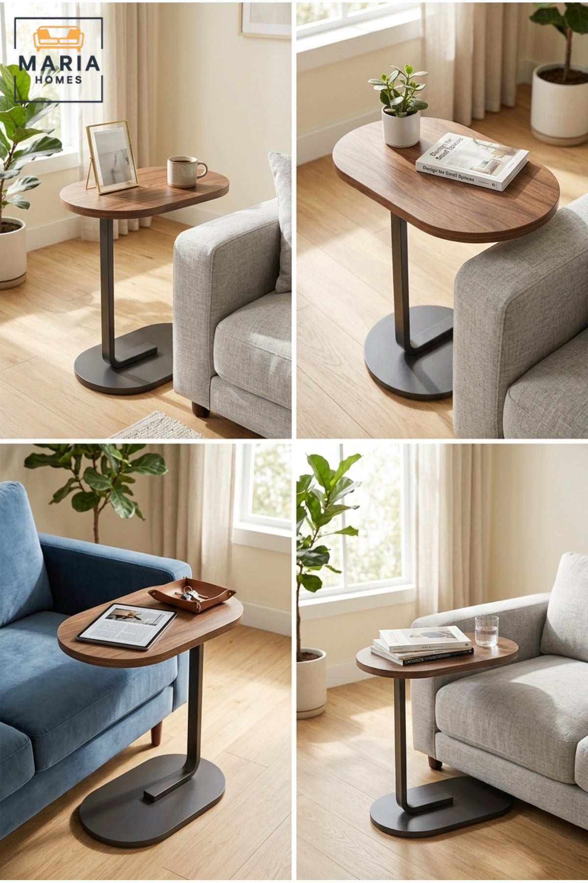 C-Shaped Side Table with Brown Wood Top and Black Metal Frame 4 pcs set