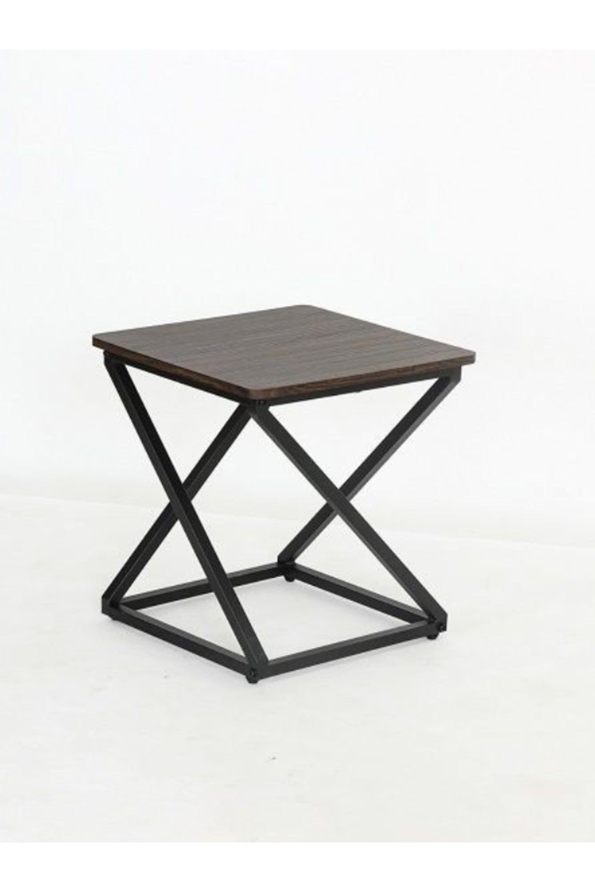 Modern Square Side Table in Dark Wood with Black Metal Cross Base Ð Industrial Accent Table 40_50 cm