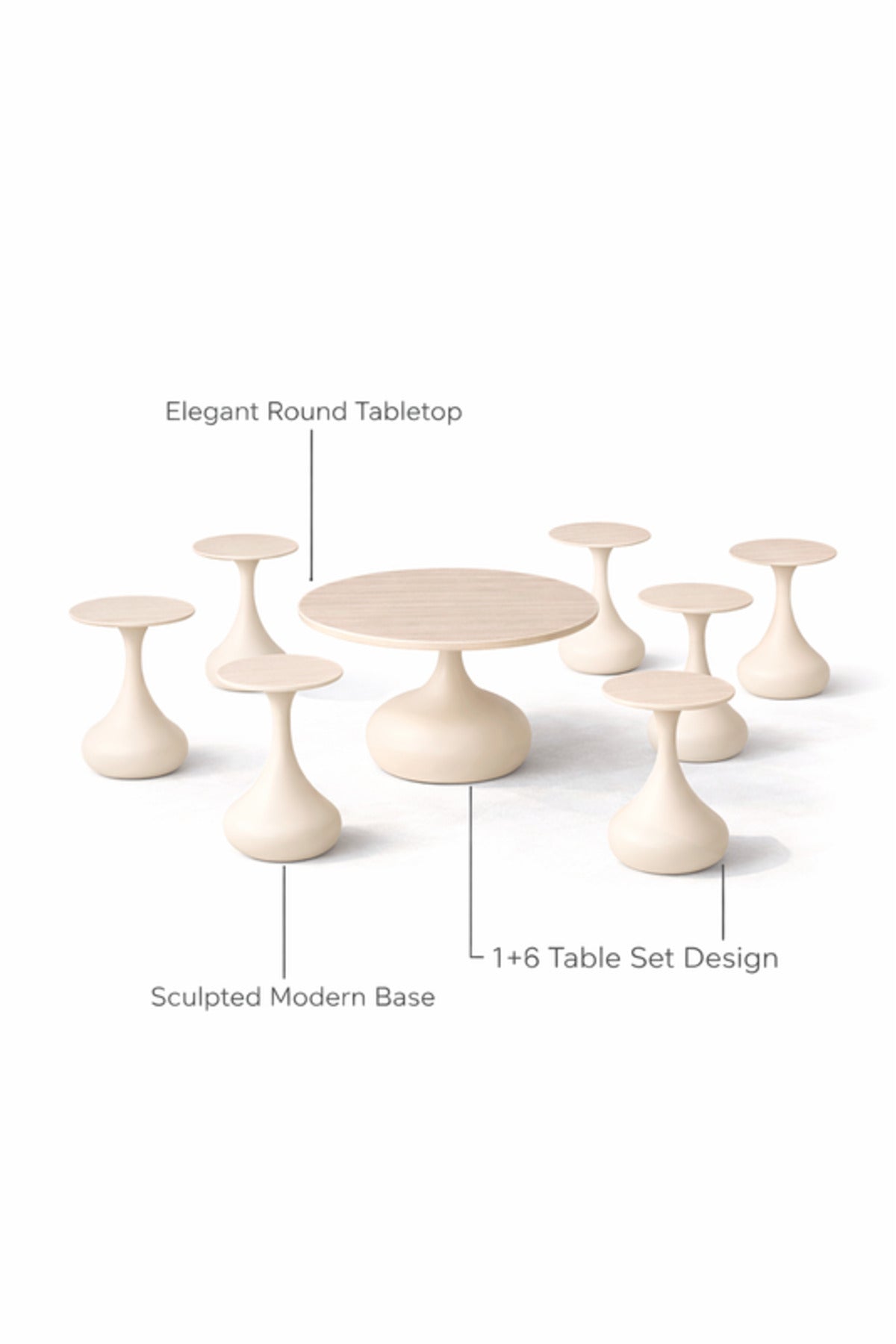 Round Beige Coffee Table Set with 6 Side Tables 80 _ 80 _ 48 cm