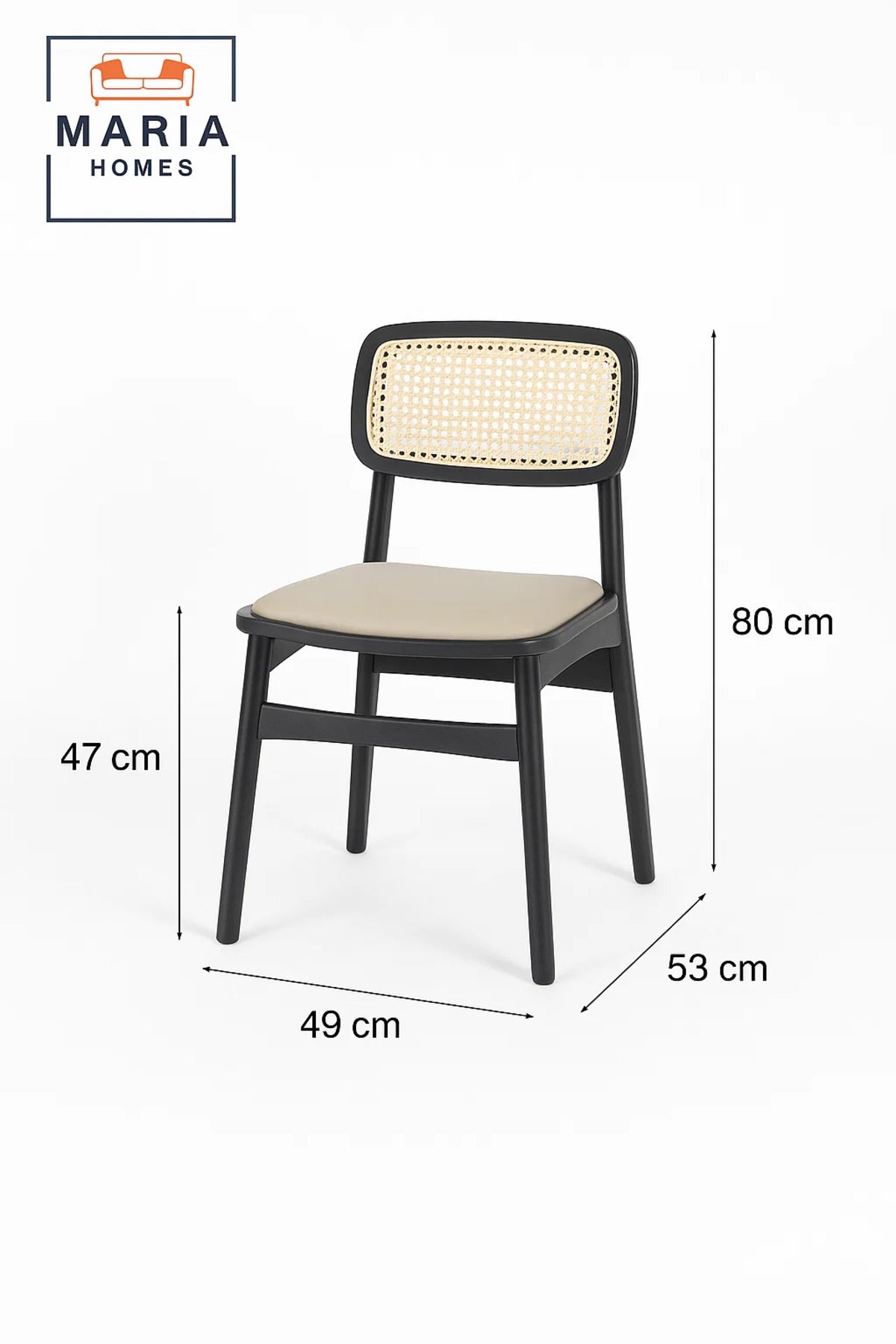 Black Wooden Chair with Rattan Backrest and Padded Beige Seat Ð Modern Cane Dining Chair