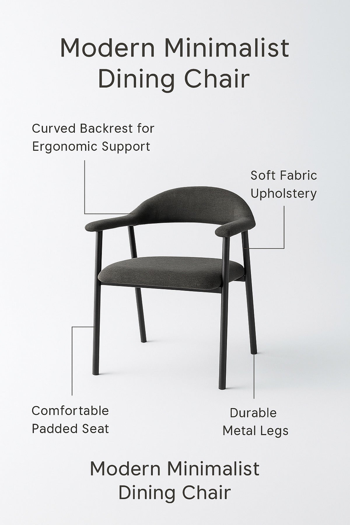 Grey Fabric Dining Chair Ð Modern Minimalist Armchair with Black Metal Legs for Dining Room & Office