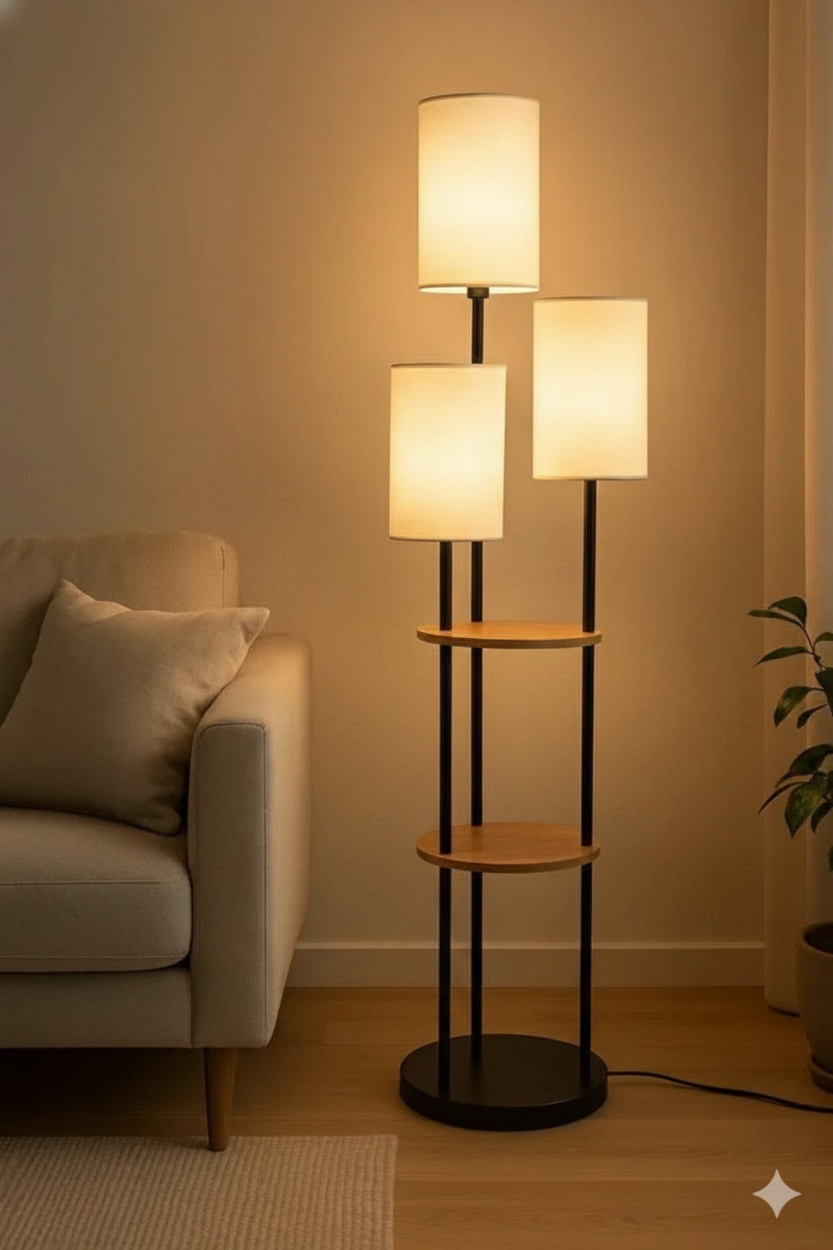 Multi-Light Floor Lamp with Shelves and Cream Shades
