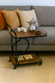 Modern Wooden Serving Trolley Ð 2-Tier Bar Cart with Black Metal Frame & Wheels