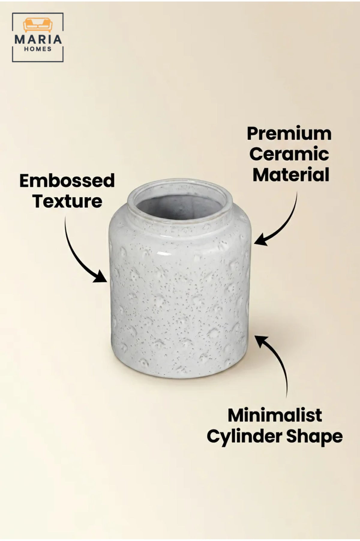 White Textured Decorative Vase, Modern Cylindrical Flower Holder with Wide Opening for Dried Flowers, Living Room, Bedroom, Office, Shelf and Table Décor