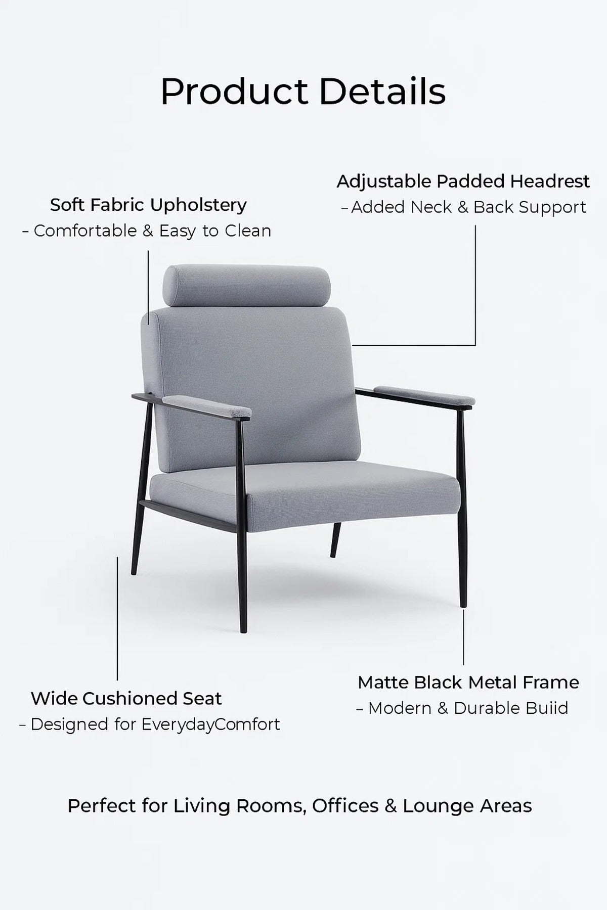 Light Grey Lounge Chair with Headrest | Modern Comfortable Armchair for Living Room & Office Decor