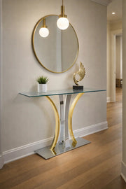 Luxury Modern Glass Console Table Gold Silver Metal Legs Hallway Entryway Furniture 140x40x80cm