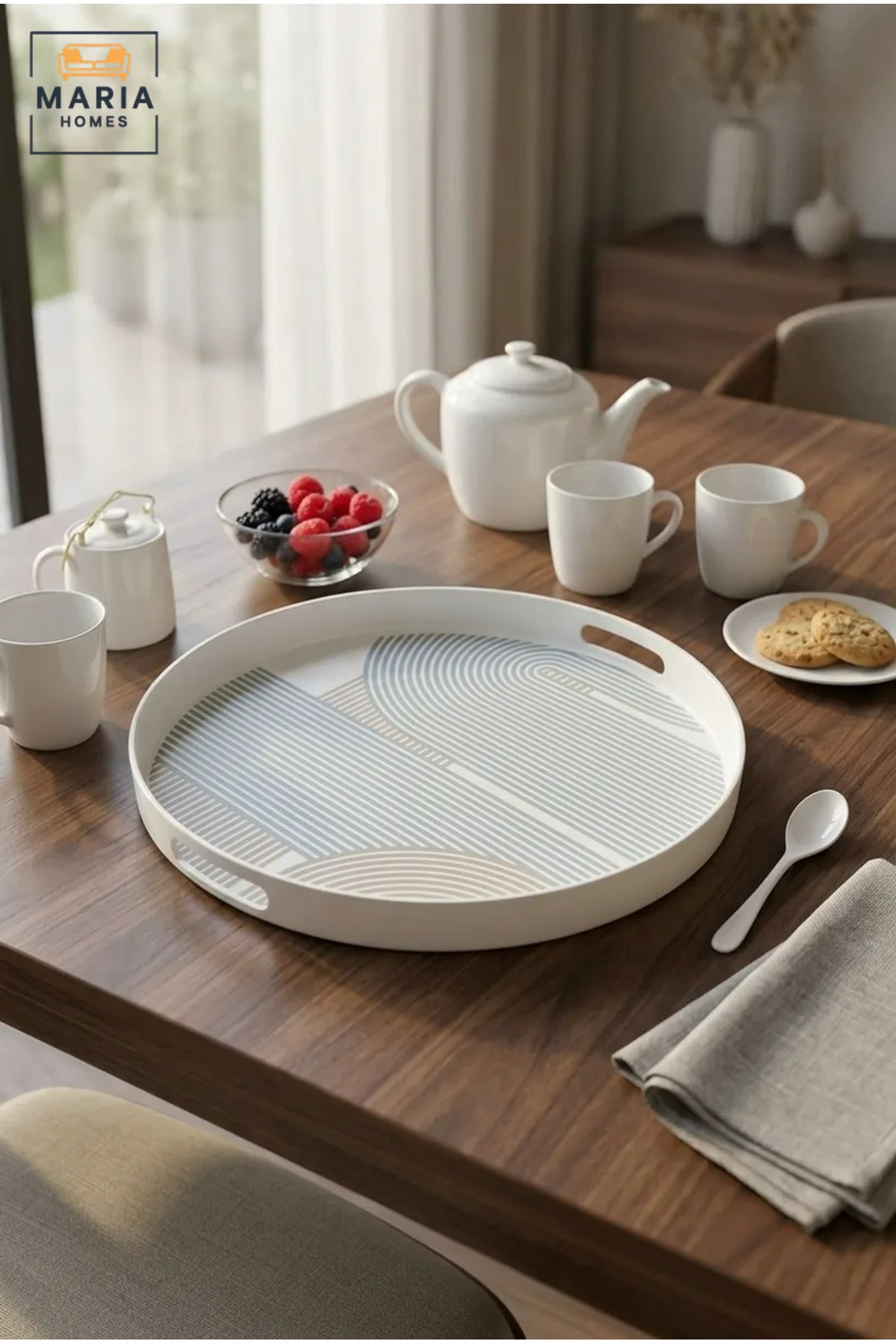 Round Serving Tray with Built-In Handles, Raised Rim and Geometric Pattern, Multipurpose Food and Drinks Tray for Kitchen, Dining, Café and Hotel
