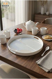 Round Serving Tray with Built-In Handles, Raised Rim and Geometric Pattern, Multipurpose Food and Drinks Tray for Kitchen, Dining, Café and Hotel