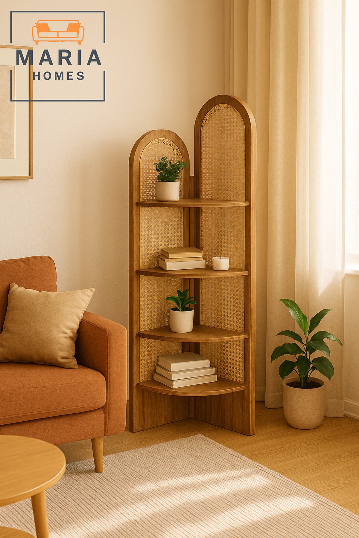 Brown Rattan Corner Shelf Ð 180_40_40 cm Modern Space-Saving Display Rack
