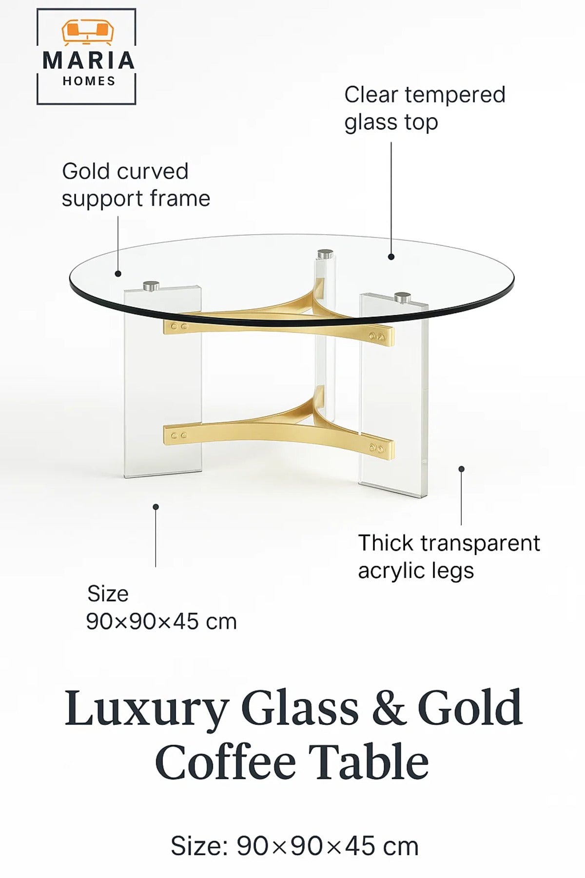 Luxury Round Glass Coffee Table 90_90_45 cm with Gold Stainless Steel and Acrylic Base