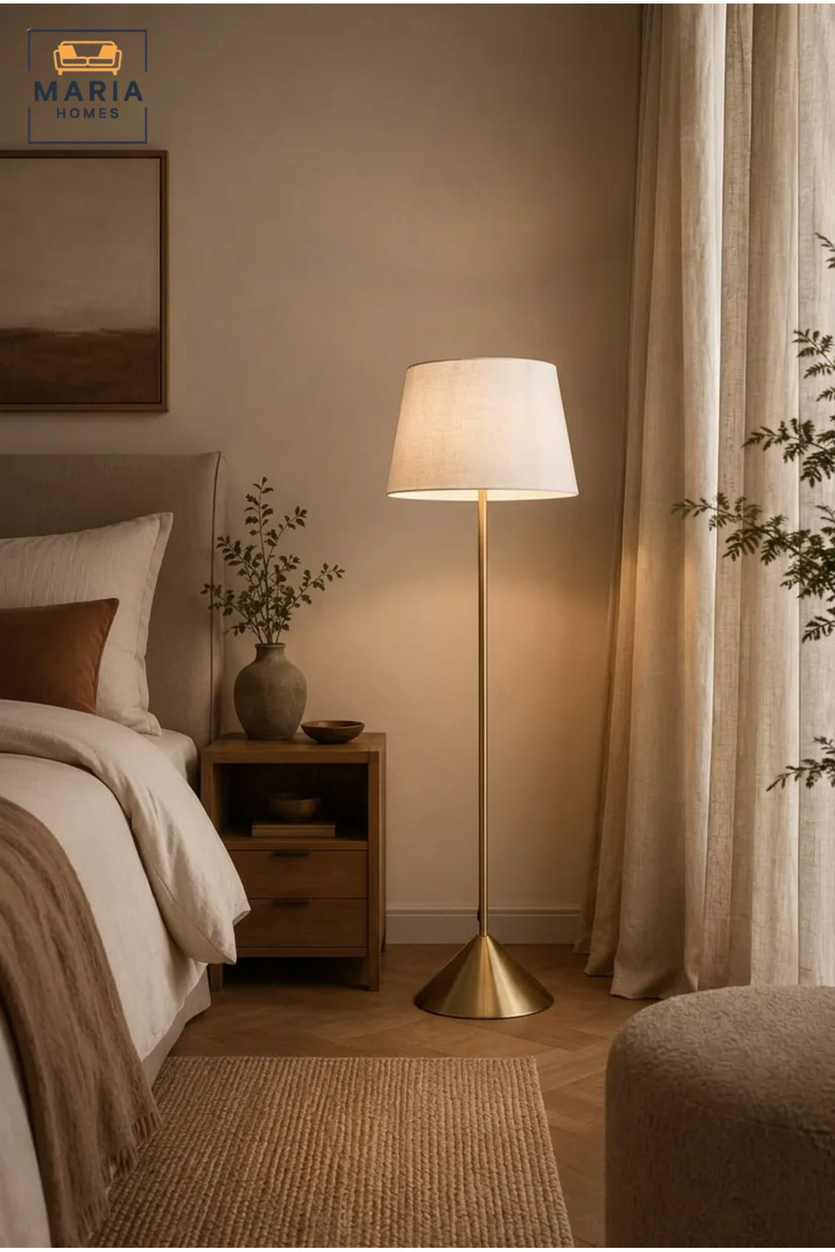 Modern Brass Floor Lamp with Fabric Shade and Sculptural Base, Elegant Freestanding Standing Light for Living Room, Bedroom, Reading Corner and Office