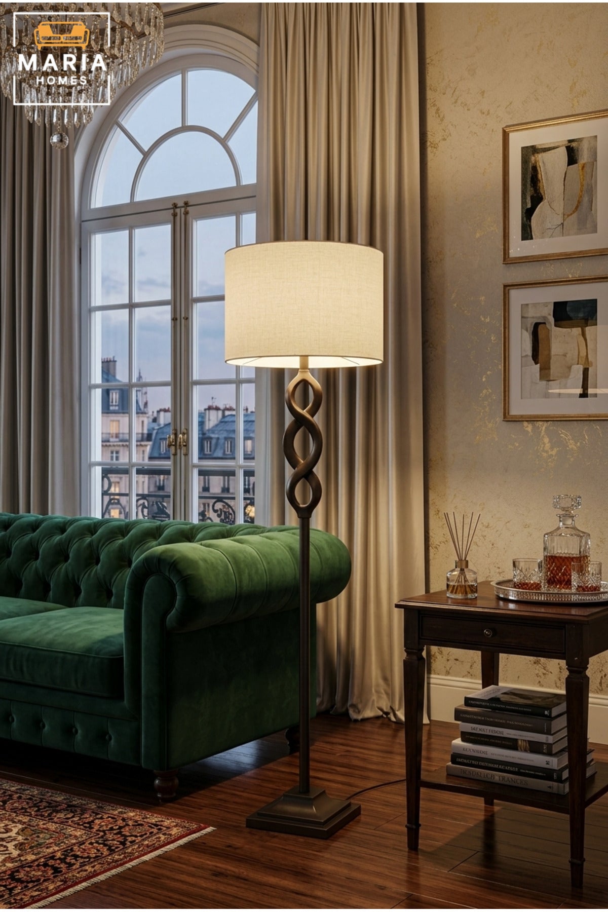 Elegant Floor Lamp with Interlocking Loop Design, Fabric Drum Shade and Stepped Square Base Decorative Standing Light for Living Room Bedroom and Office