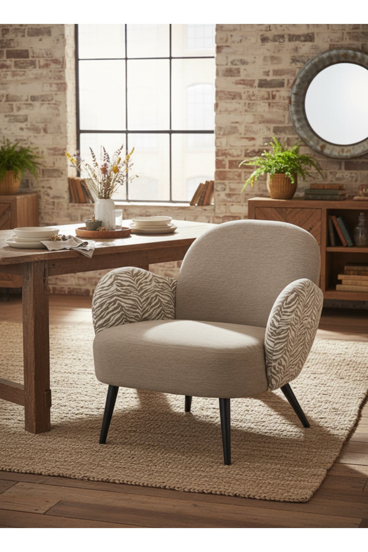 Modern Gray Upholstered Accent Armchair with Patterned Armrests Living Room Chair