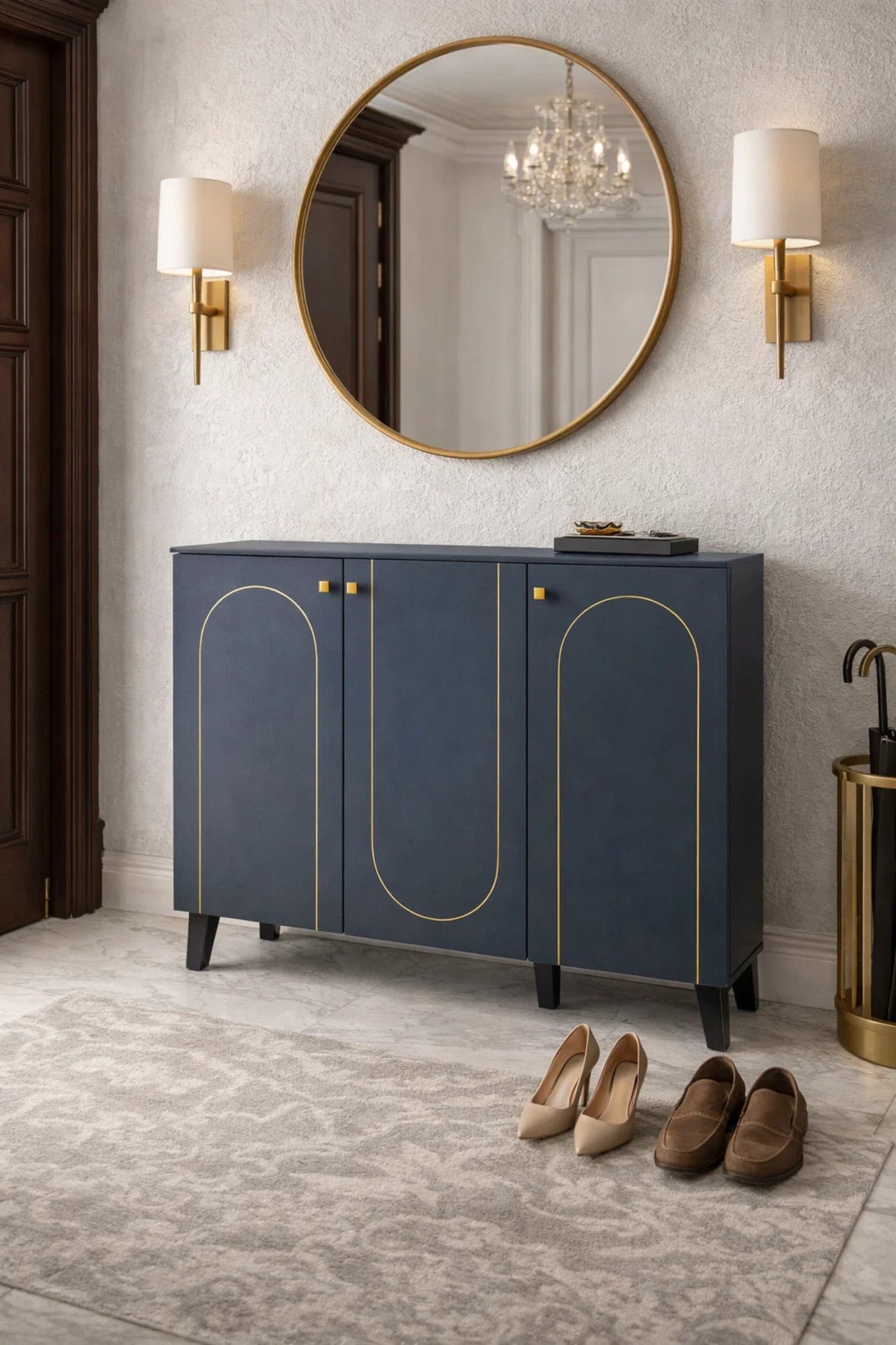 Modern Navy Blue Shoe Cabinet 3-Door Entryway Storage Organizer with Gold Trim 100x35x95cm