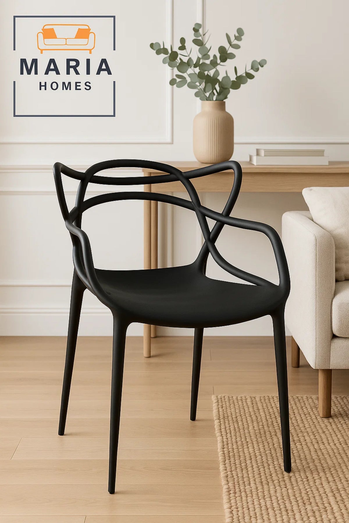 Modern Black Designer Plastic Chair Ð Sleek Stackable Armchair for Indoor and Outdoor Use