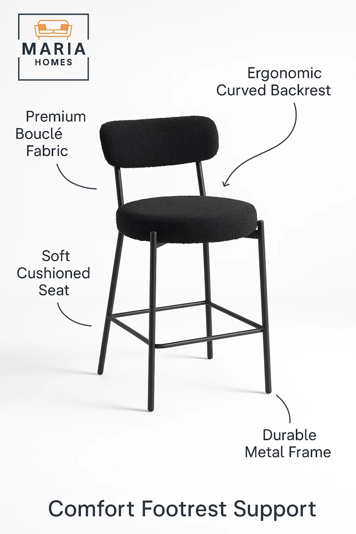 Black Boucle Counter Bar Stool with Metal Frame, Upholstered Round Seat for Kitchen Island