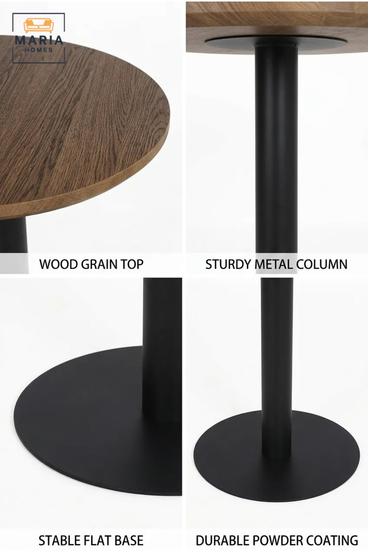 Modern Round Café Table with Wood-Effect Top and Black Pedestal Base for Coffee Shop, Restaurant, Bistro, Hotel and Indoor Dining Area