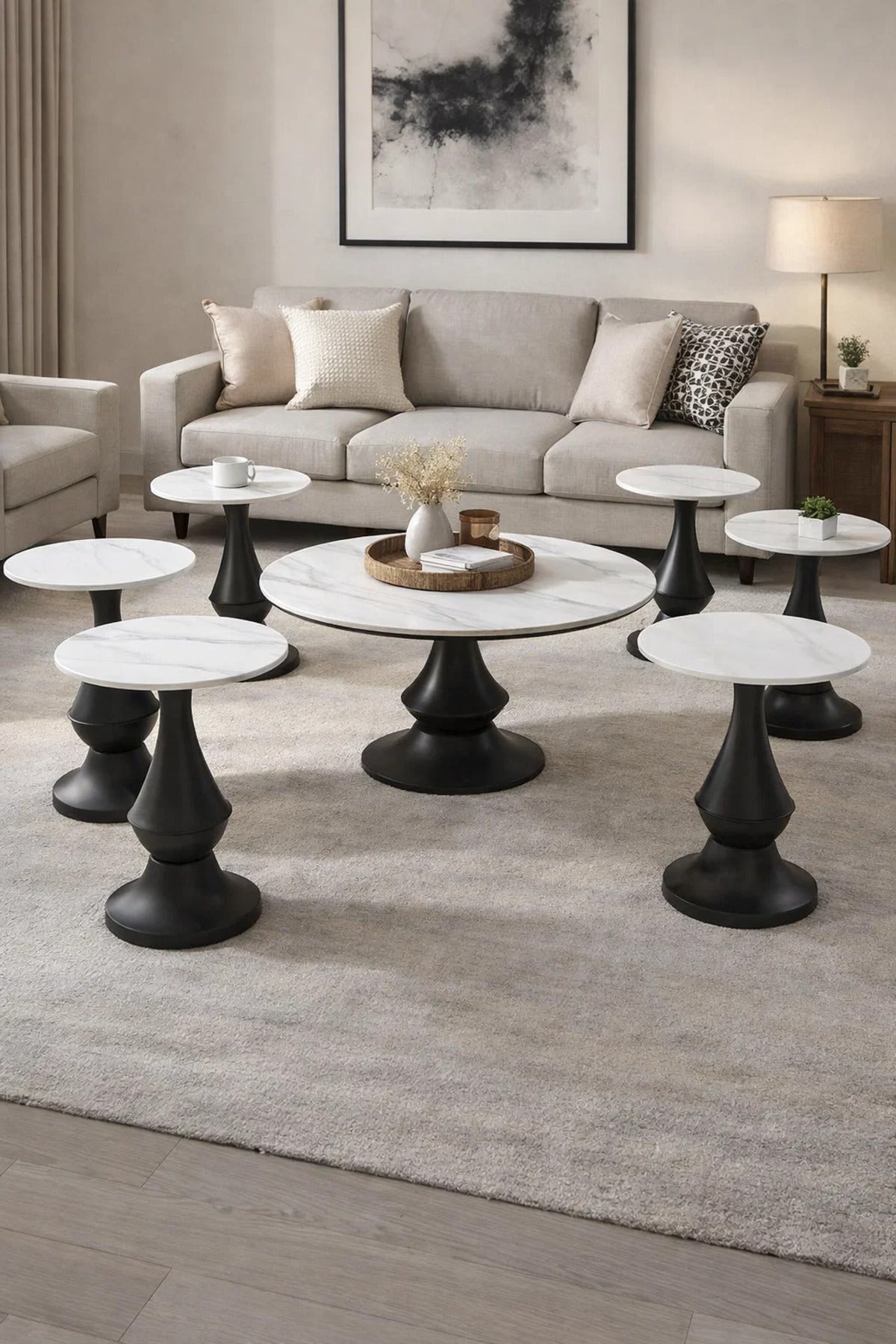 Premium 1+6 Console Table Set Ceramic Top Wood Base Round Center and Side Tables Living Room