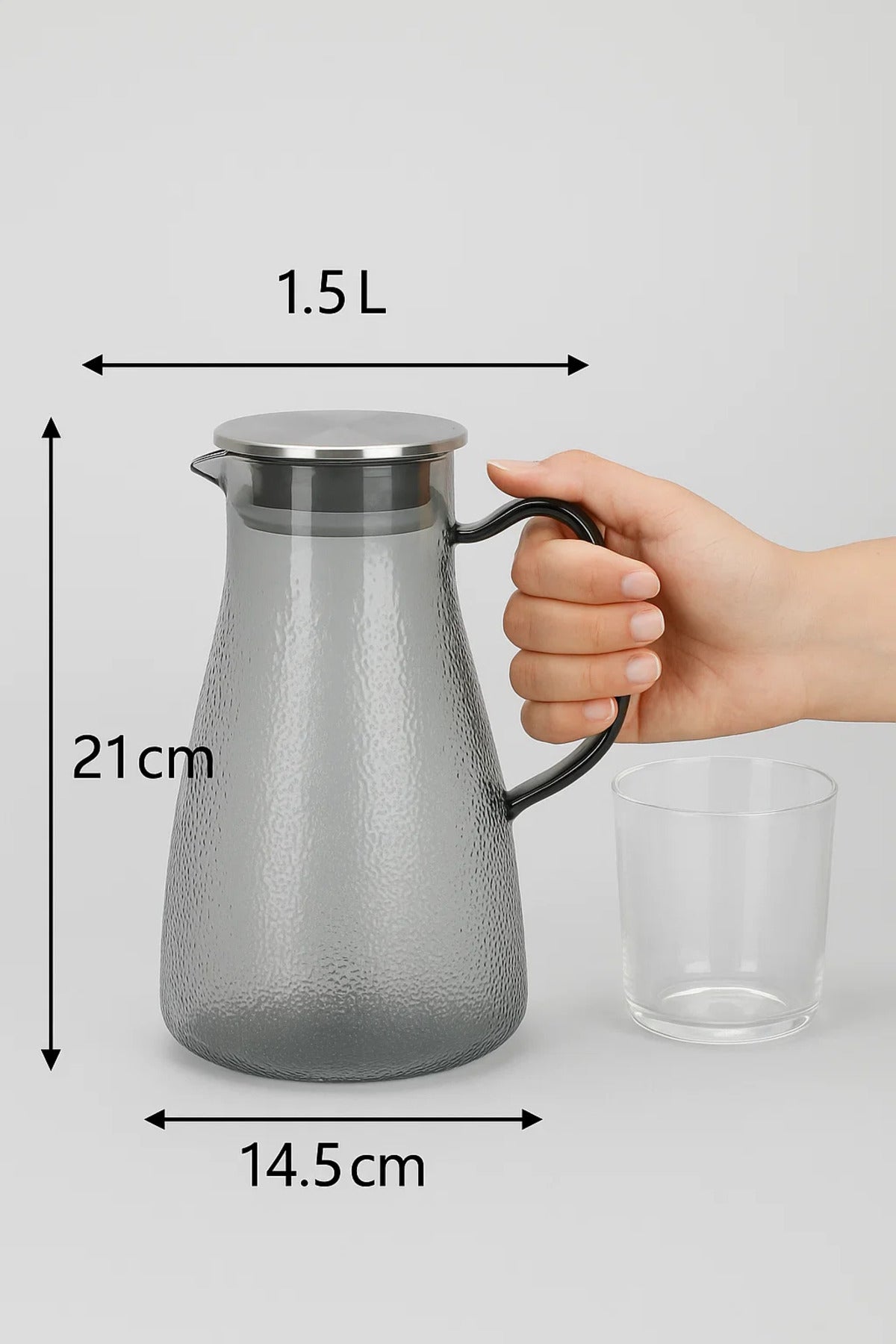 Textured Smoke Gray Glass Water Pitcher with Stainless Steel Lid Ð 1.3 Liter