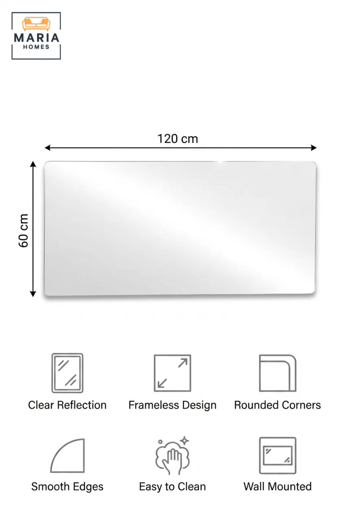 Frameless Rectangular Wall Mirror 120 × 60 cm with Soft Rounded Corners, Modern Decorative Mirror for Bathroom, Bedroom, Dressing Area, Hallway and Vanity