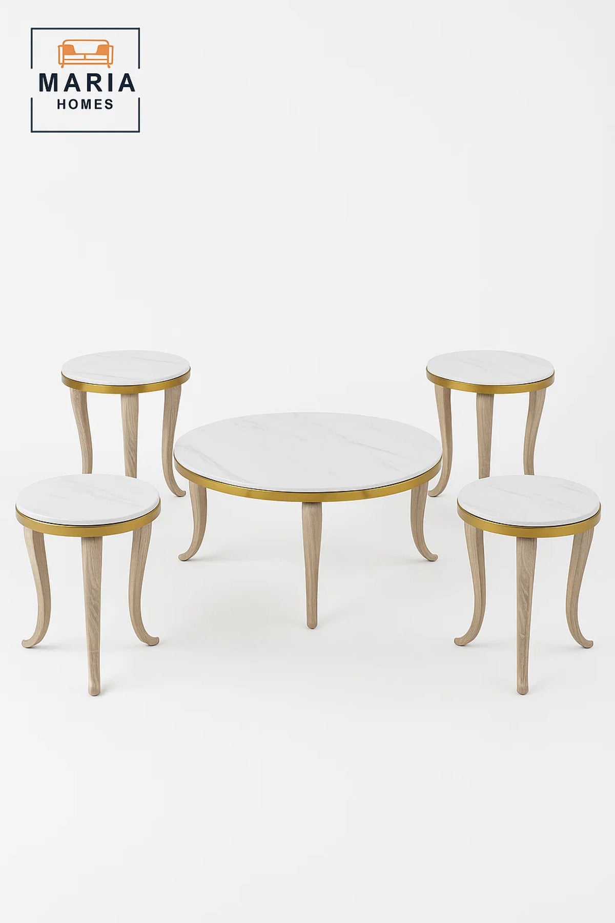 Ceramic Marble Tea Table Set 1+4 – Round Coffee Table and Side Tables 90×90×45 / 45×45×55