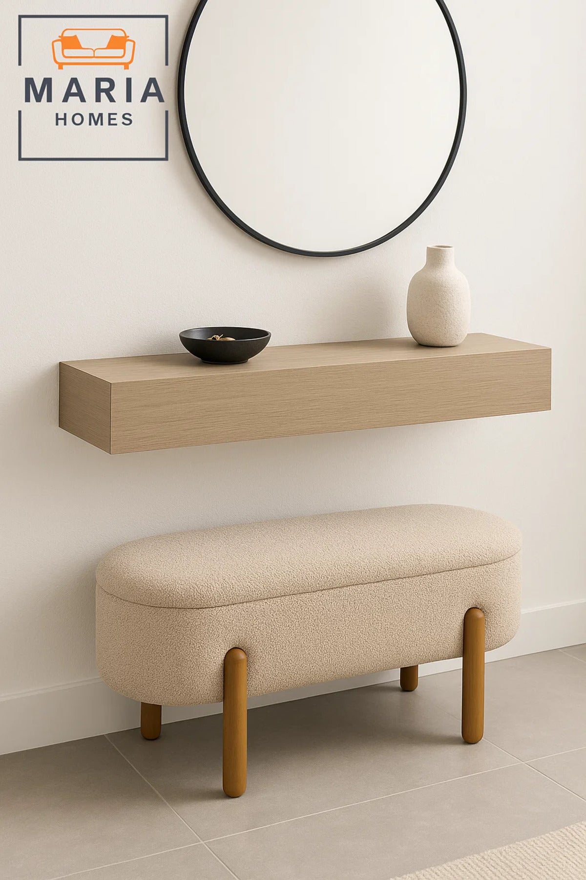 Beige Oval Ottoman with Tall Wooden Legs