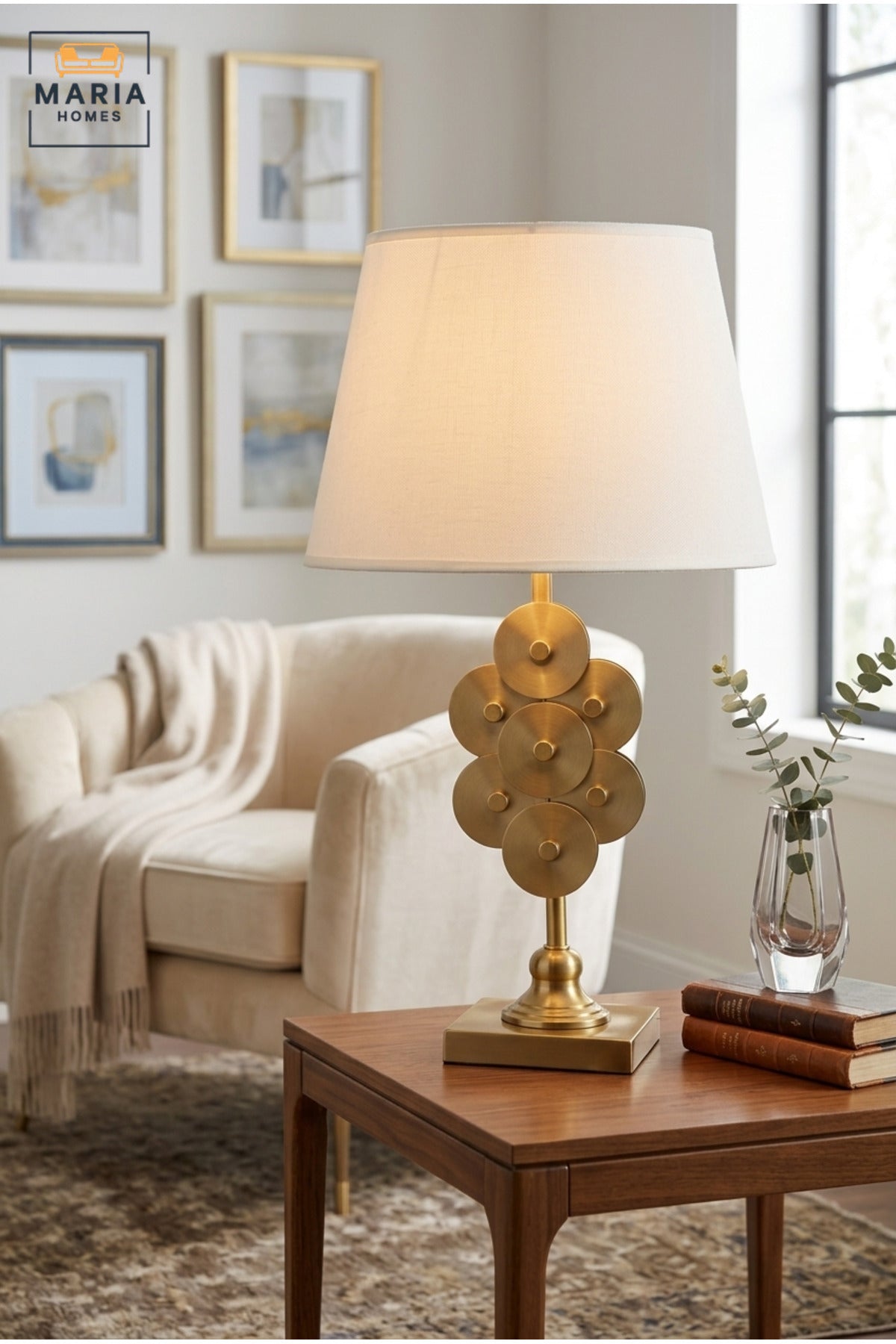 Luxury Decorative Disc Table Lamp with White Fabric Shade, Antique Gold Tone Sculptural Base for Bedroom, Living Room, Office, Hotel and Bedside Décor