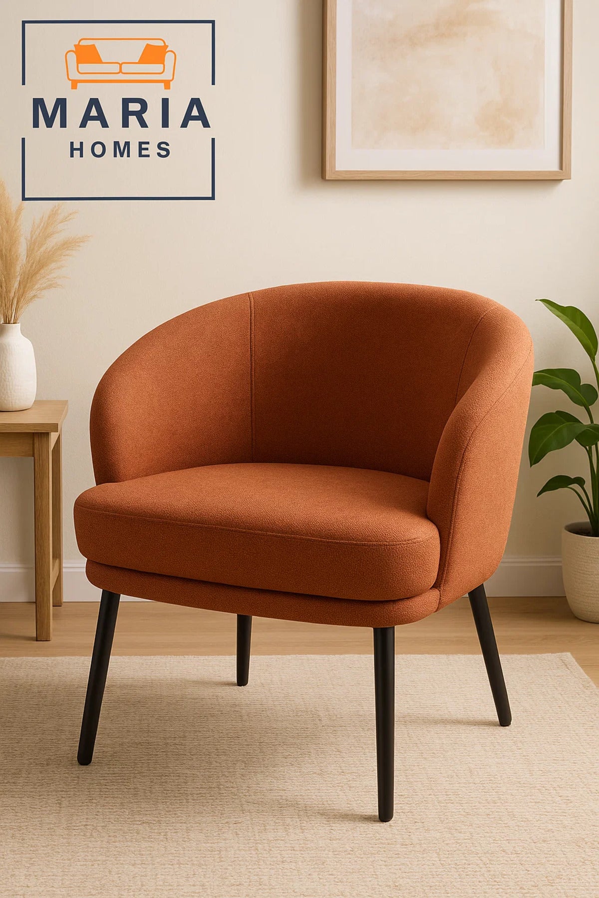 Rust Orange Fabric Lounge Chair Ð Modern Curved Back Armchair with Black Legs for Home or Office