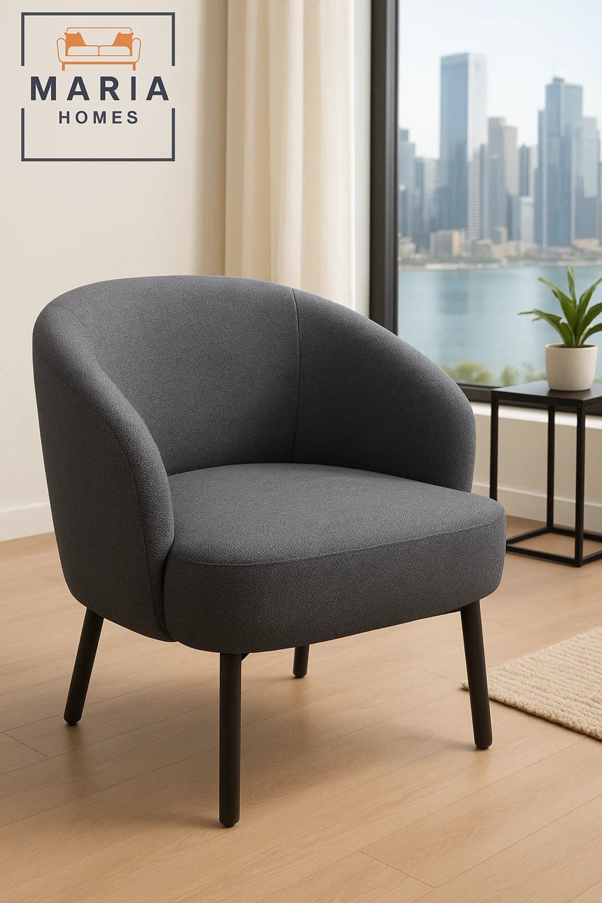 Dark Grey Fabric Lounge Chair Ð Curved Back Armchair with Cushioned Seat and Black Metal Legs