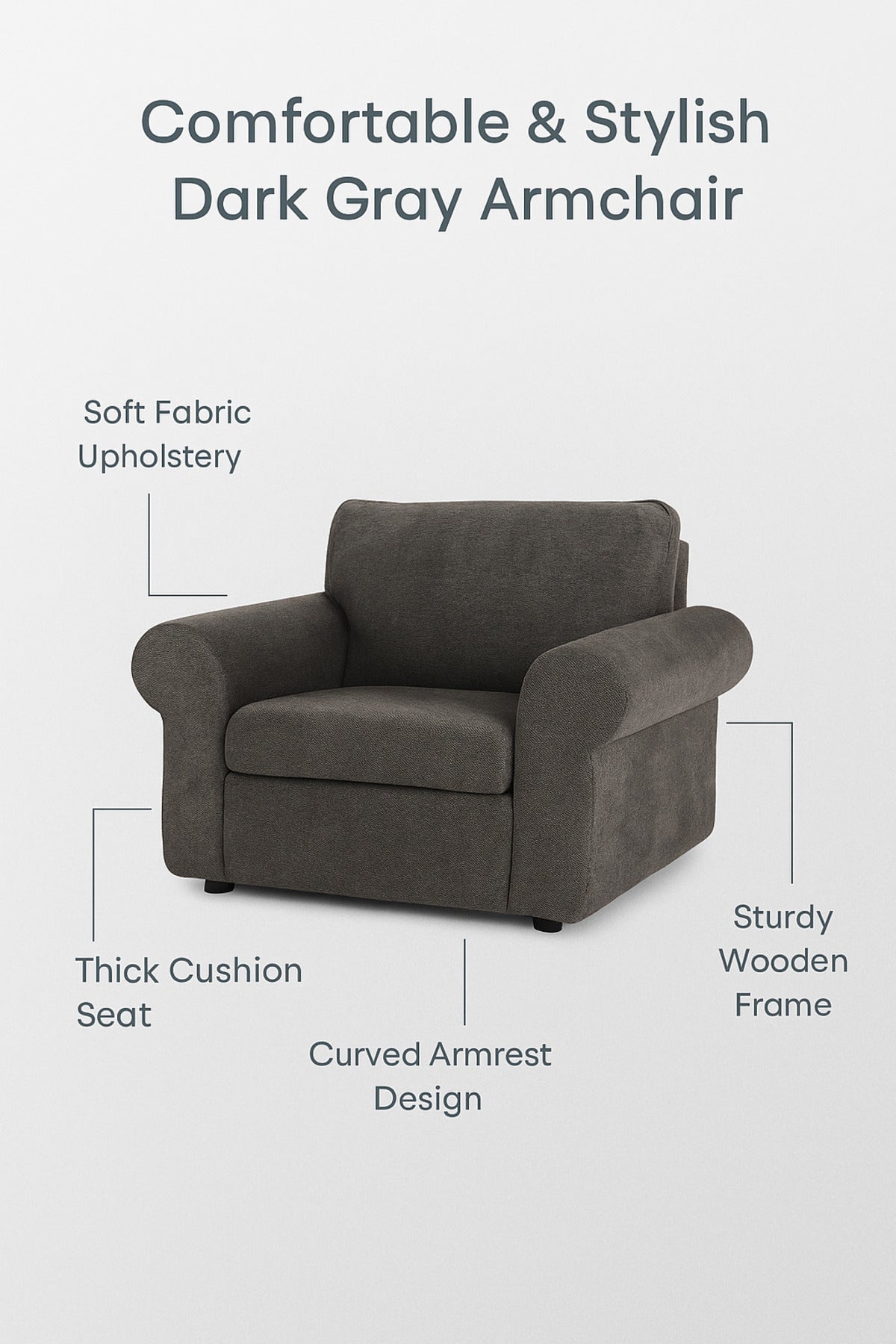 Dark Gray Fabric Lounge Chair Ð Comfortable Single Seater Armchair for Living Room, Bedroom & Office