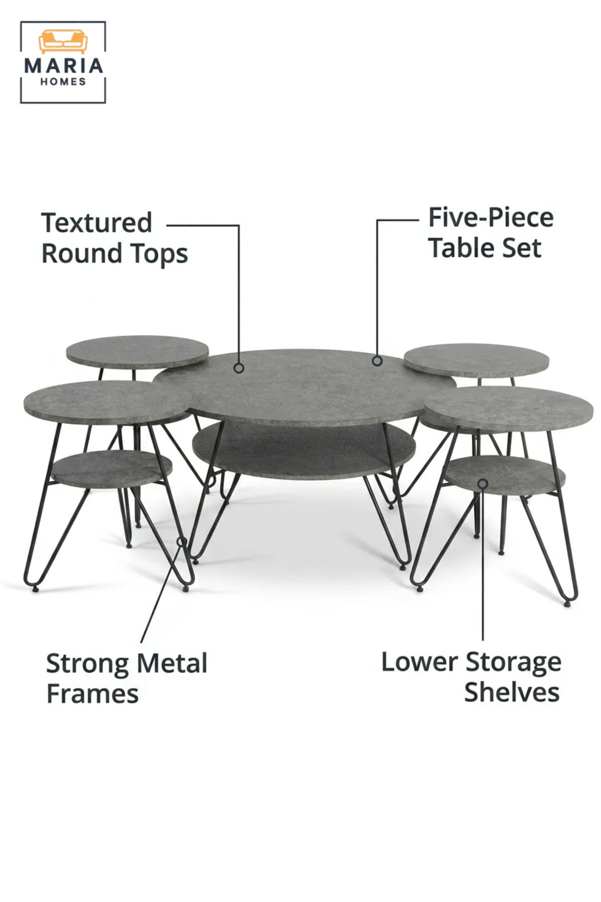 Modern Five-Piece Round Coffee Table Set with Four Nesting Side Tables, Lower Storage Shelves and Hairpin Legs for Living Room, Lounge and Office